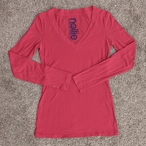 Basic long sleeve bright hot pink fitted deep v-neck cotton t-shirt size XS
